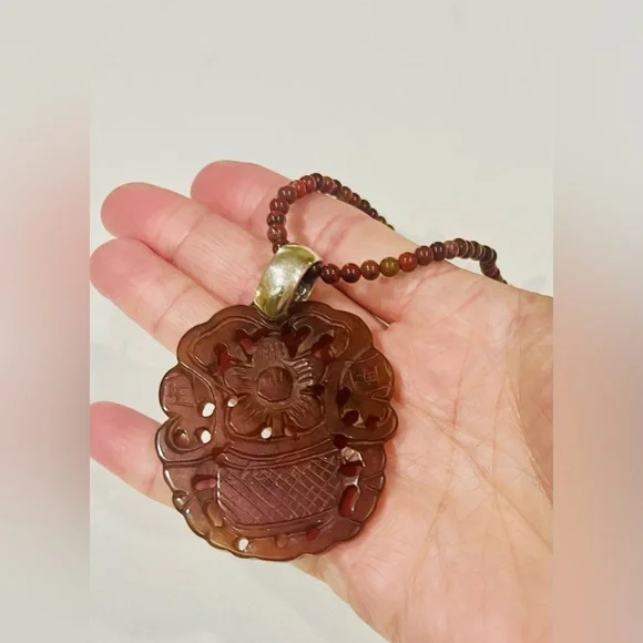 Carved Chinese Jade Pendant Necklace | Sterling Silver | Prosperity Symbol - Picture 6 of 14